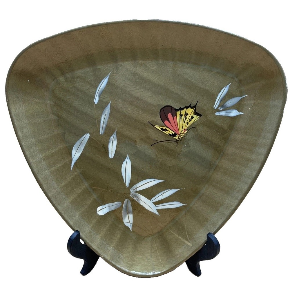 Vintage Catalina Lacquerware Hand Painted Gold Butterfly Triangle Serving Tray